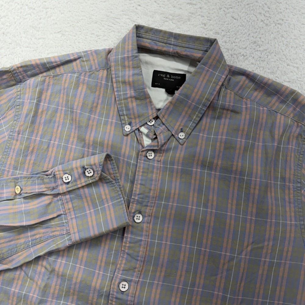 Rag & Bone New York Fit 2 Mens Plaid Button Down Shirt Blue Orange Grey Size M