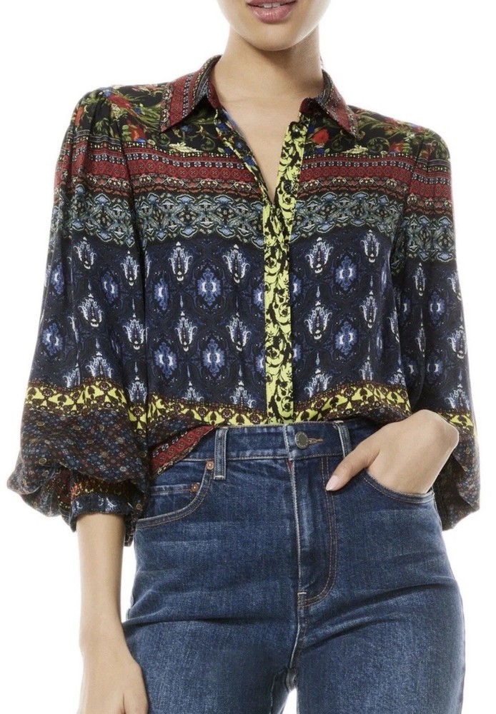 alice + olivia silk puff sleeve smock cuff blouse multi-pattern size Small**