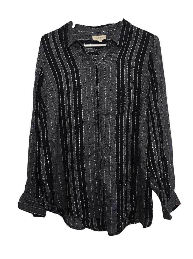 Style & Co Shirt Top Plus Size 0X Long Sleeve Sequin Stripe Button Down Black