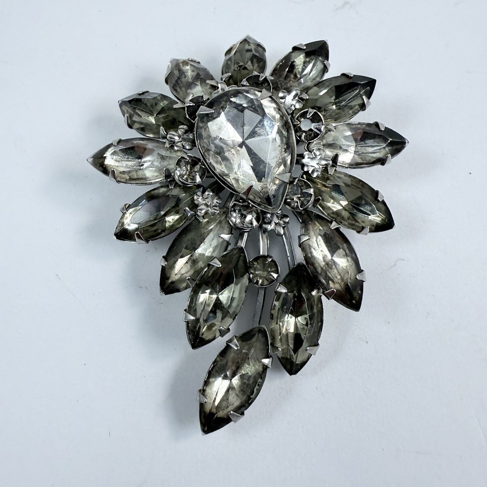 Vintage Smokey Grey Rhinestone Silver Tone Brooch