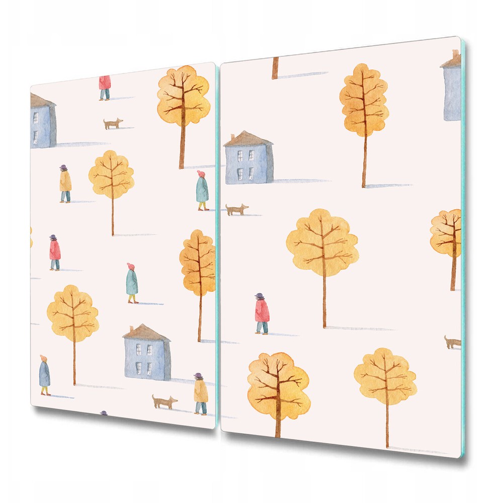 Glass Worktop Saver Kitchen Houses with trees Watercolour Colourful 2x30x52