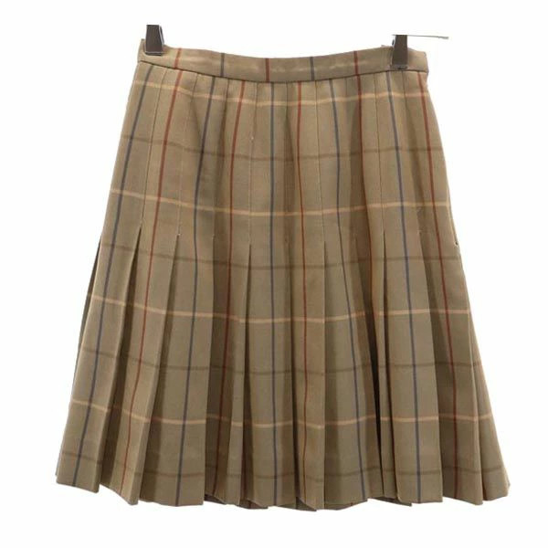 Burberrys 90s Brown Wool Check Pleated Mini Skirt Side Zip Used