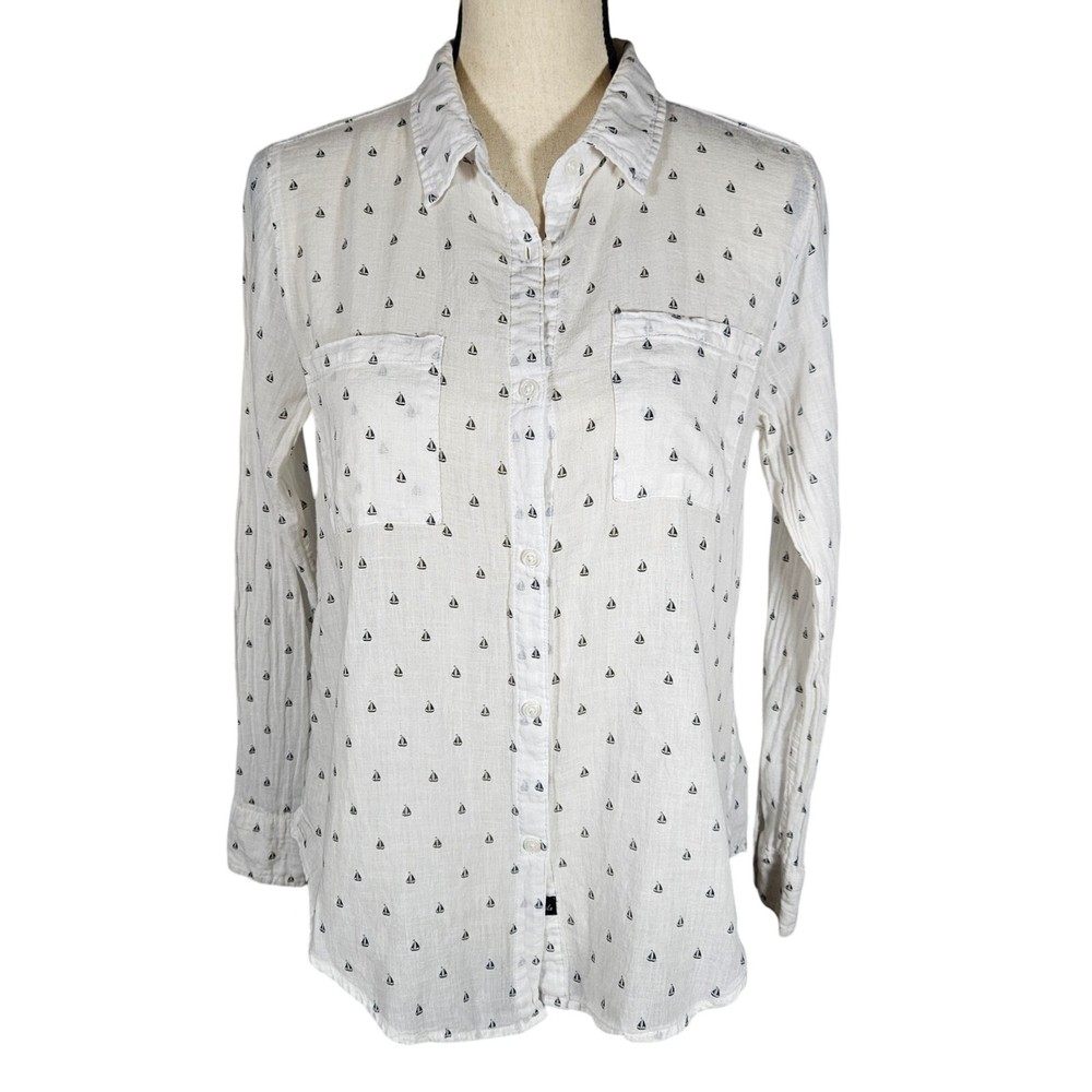 Men's White Cotton Sailboat Print Long Sleeve Button-Down Shirt - Medium