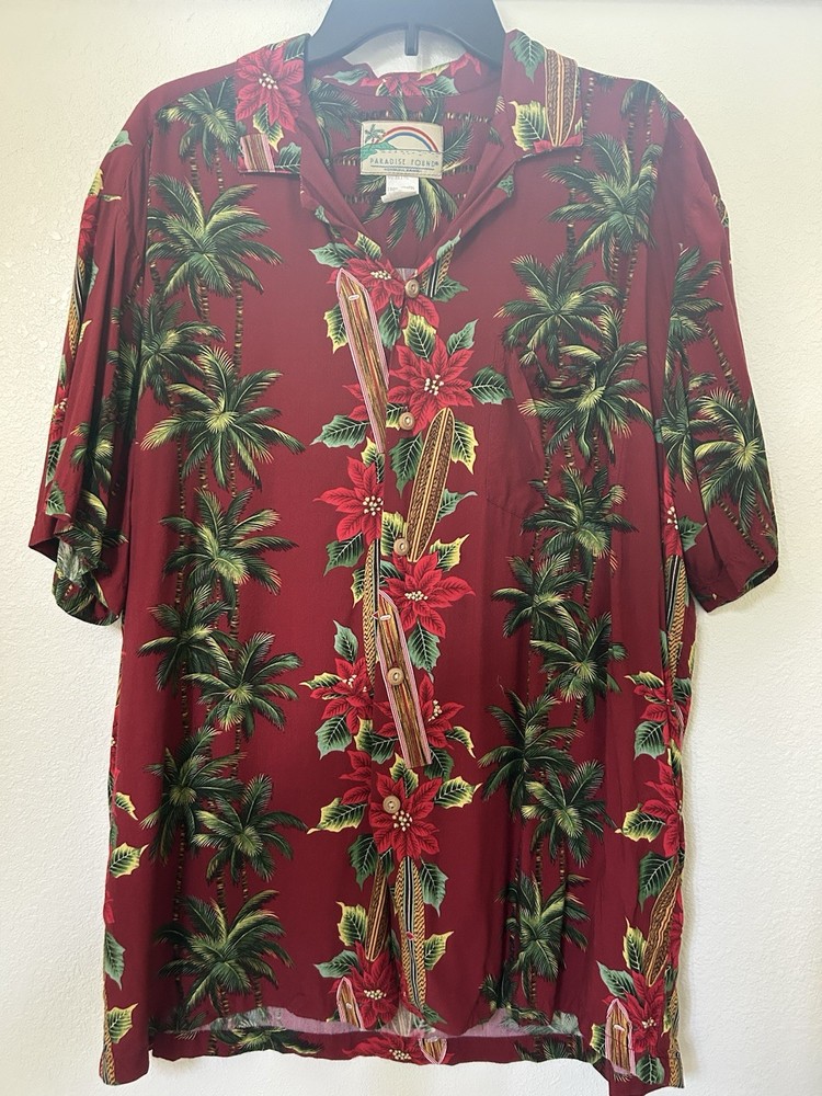 Vintage Paradise Found Shirt Men's Large Red Flowers & Surfboard Hawaiian