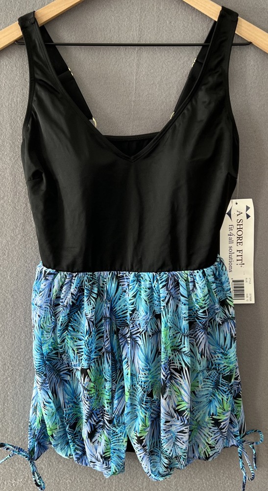A Shore Fit! Women's SwimSuit Swim Dress Size 12 one piece Blue skirt black top