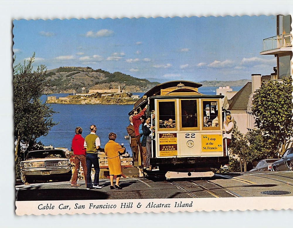 Postcard Cable Car San Francisco Hill & Alcatraz Island San Francisco CA USA