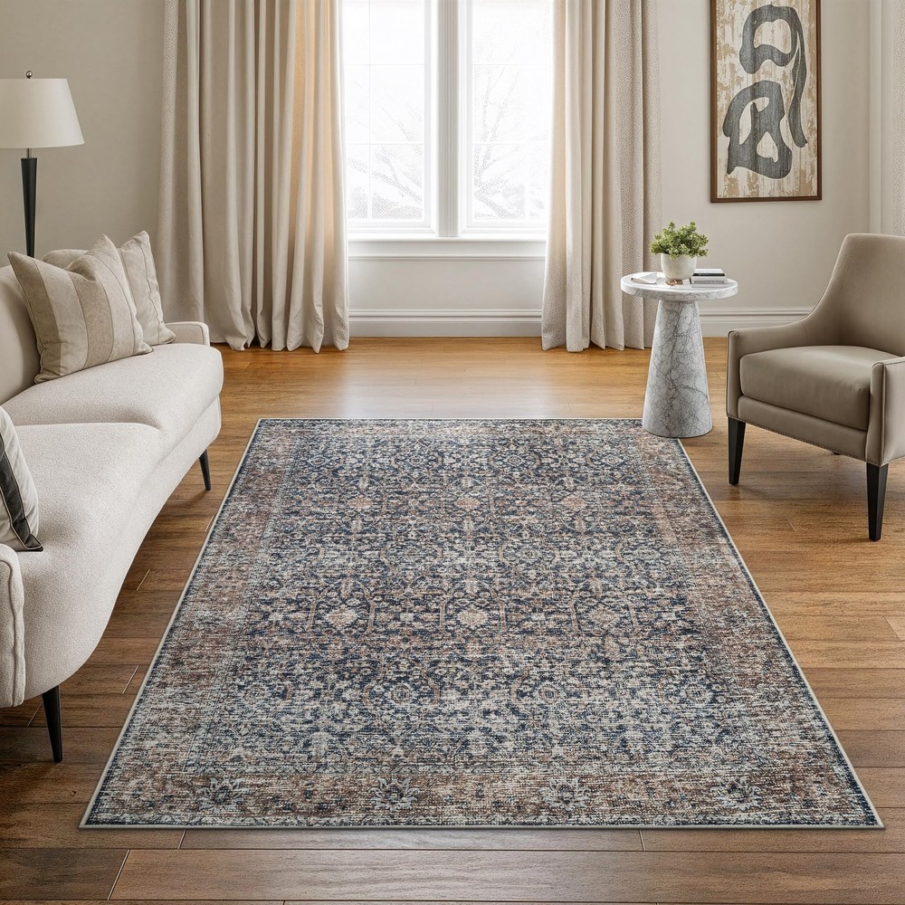 Caria 5x7 Washable Non-Slip Rug - Dark Blue/Tan Traditional Design