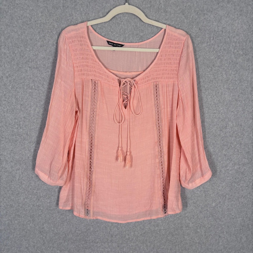 Crochet Smocked Crinkle Blouse Medium Pink Eyelet Sheer Peasant Cottage Lace Up