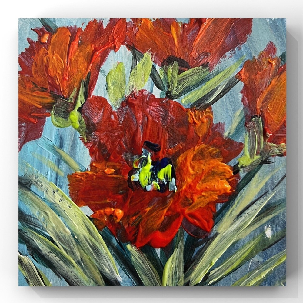 Poppy Flower Miniature Art Poppies Acrylic Painting Original Signed Artwork Gift