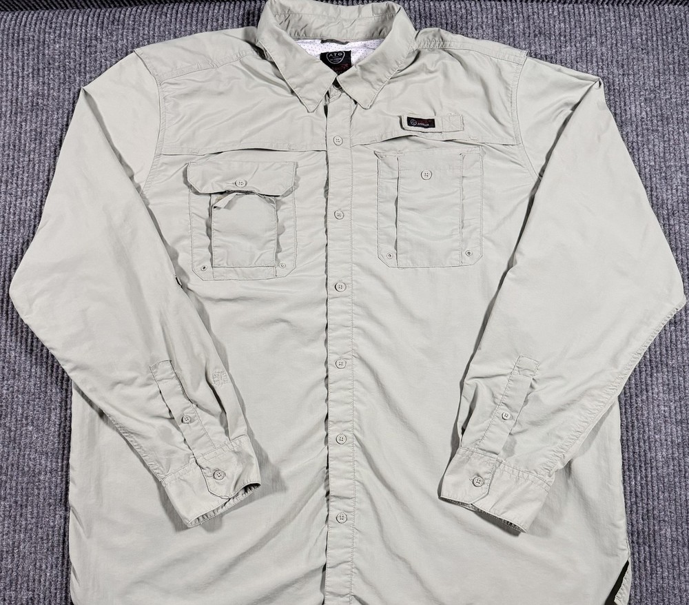 Wrangler ATG Angler Shirt Mens XL Fishing Vented Long Sleeve Button Up Beige