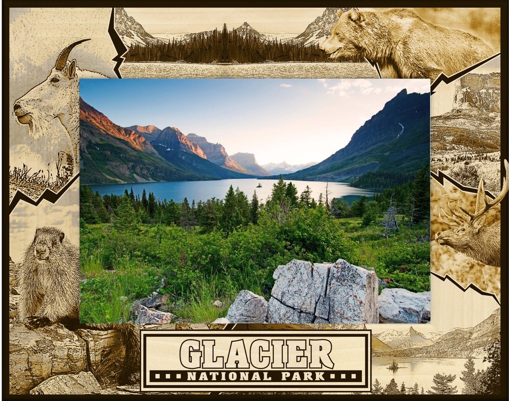 Glacier National Park Montage Laser Engraved Wood Picture Frame Landscape 4 x 6