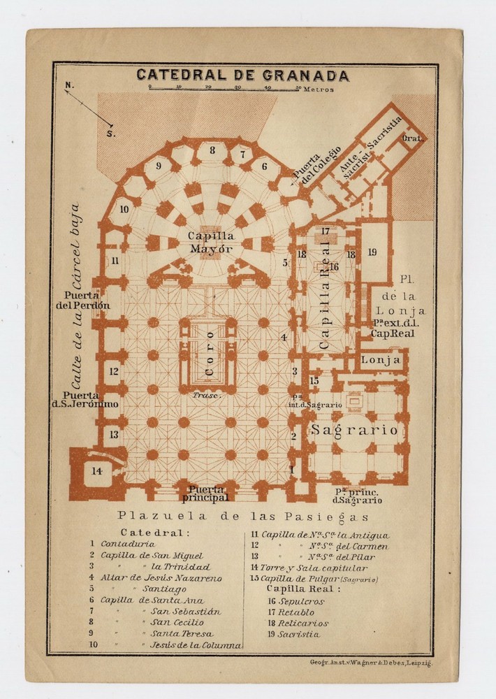 1913 Original Antique Plan Of Cathedral Of Granada / Andalusia / Spain