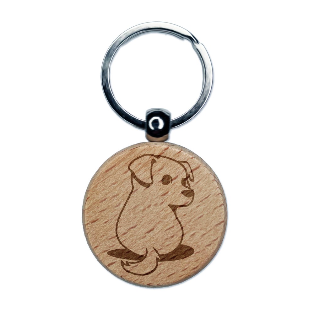 Adorable Puppy Looking Back Engraved Wooden Keychain Charm Tag
