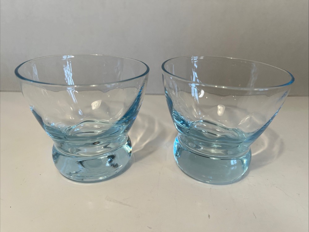 2 Blue Eva Zeisel Swirl Optic Weighted Lowball Whiskey Glasses MCM Barware Vtg