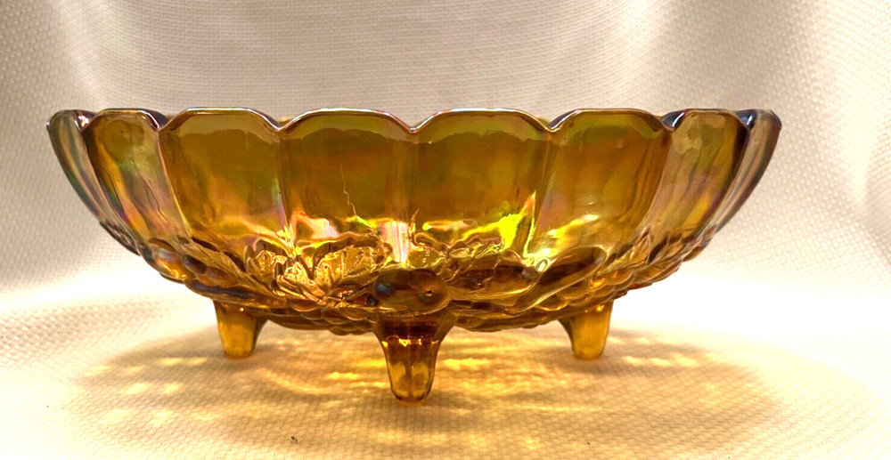 Indiana Iridescent Carnival Glass Fruit Bowl Oval Harvest Grape Amber Footed VTG