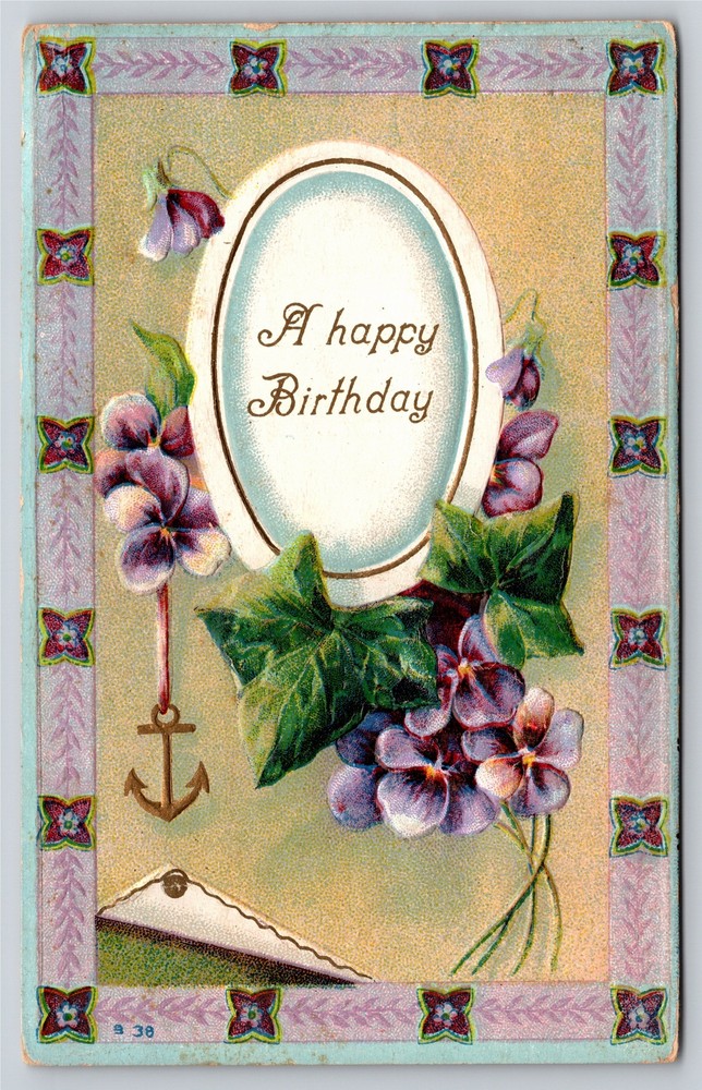 Greetings~Purple Violets Birthday Greeting & Frame~Vintage Postcard
