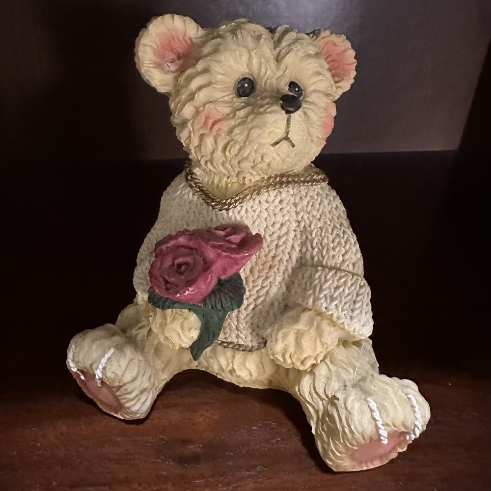Vintage Cherished Teddy Bear Figurine Holding Roses Knitted Sweater Gift