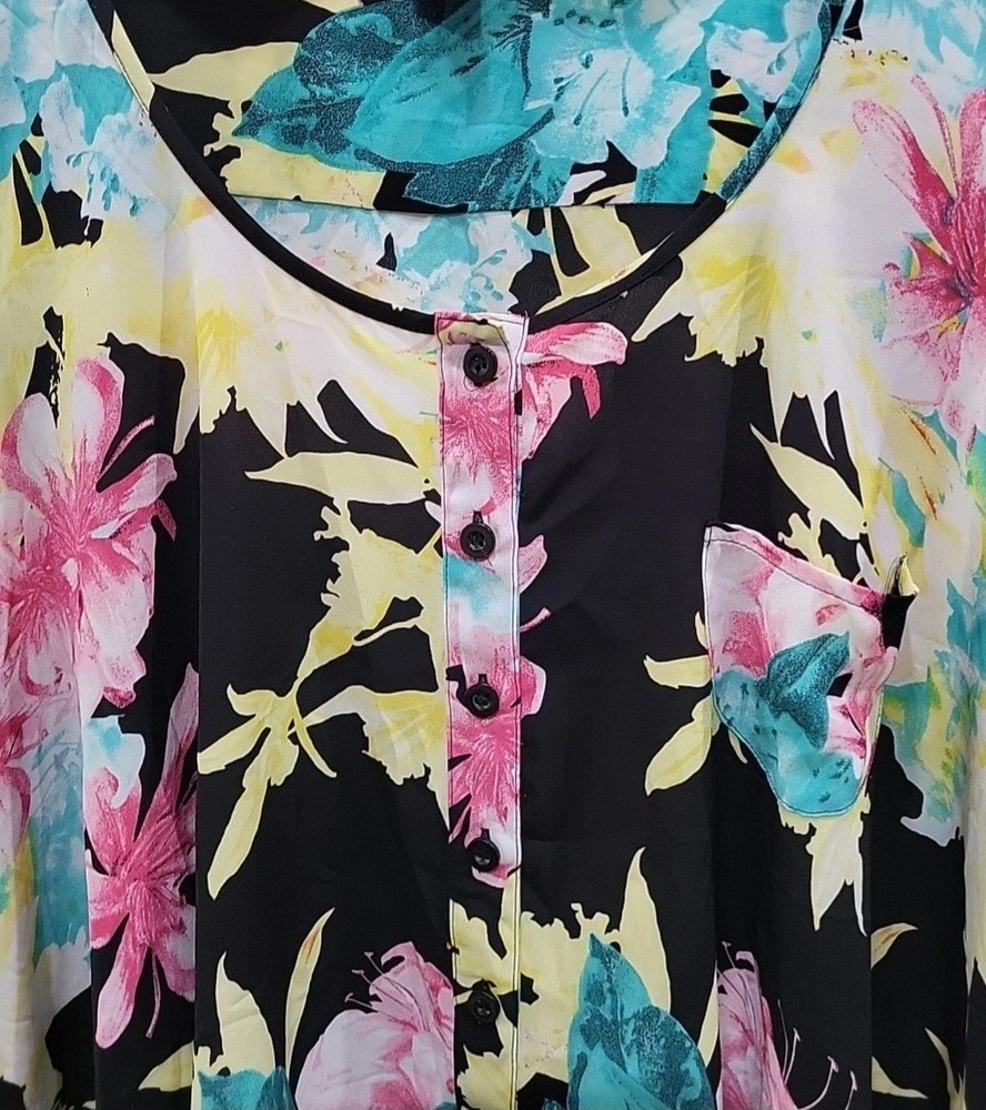 Style Co Sleeveless Button Up Sheer Black Colorful Floral Top Women Sz L  Flowy