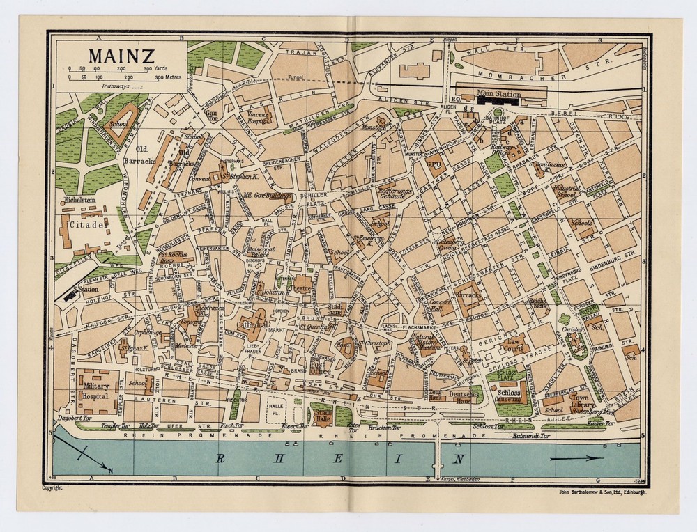 1933 VINTAGE CITY MAP OF MAINZ / RHINELAND-PALATINATE / GERMANY