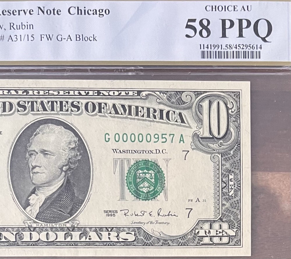 1995 $10 FRN Chicago VERY LOW 3 Digit Serial Number (957) - PCGS58 Choice AU PPQ