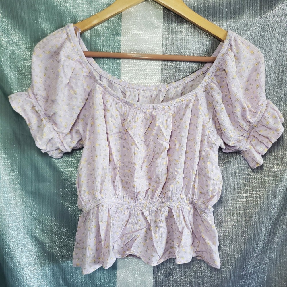 Hippie Rose Lavender Floral Puff Sleeve Smocked Peplum Top L Cottagecore Garden
