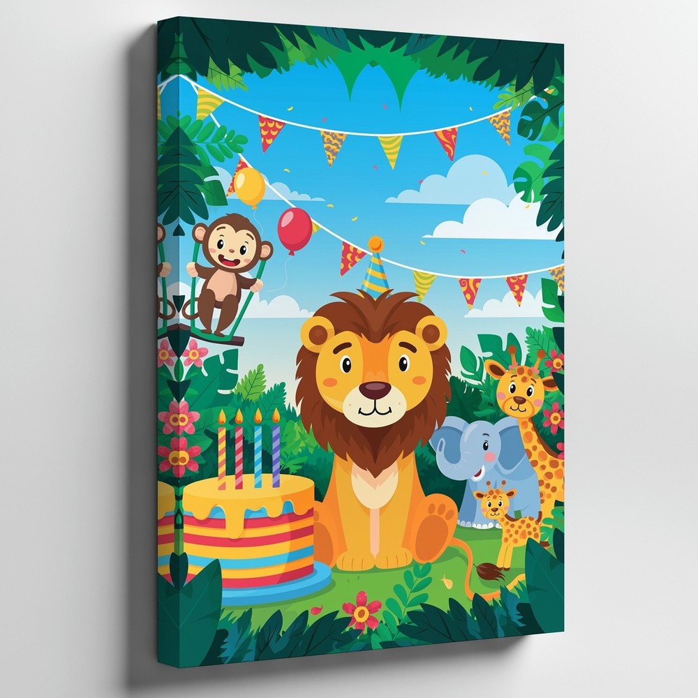 Vibrant, Cartoon-style Birthday Party Scene Set In A Lush Wall Art Canvas Print