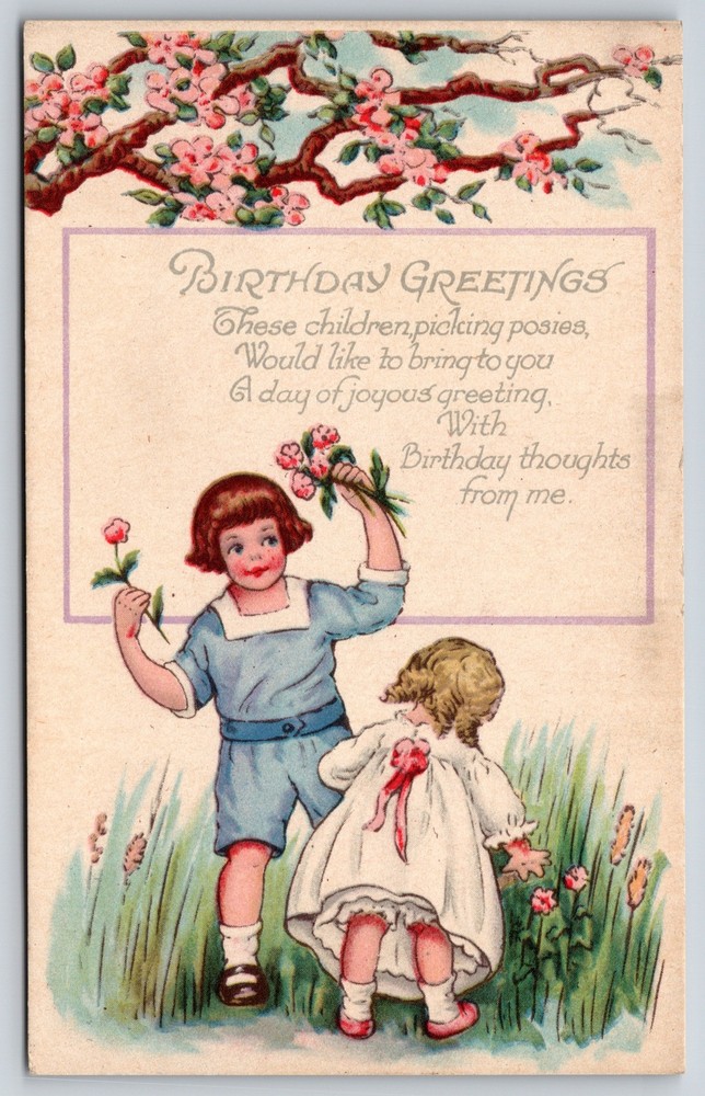 Birthday Greetings~Children Picking Flowers~Made In USA~Stecher Vintage PC