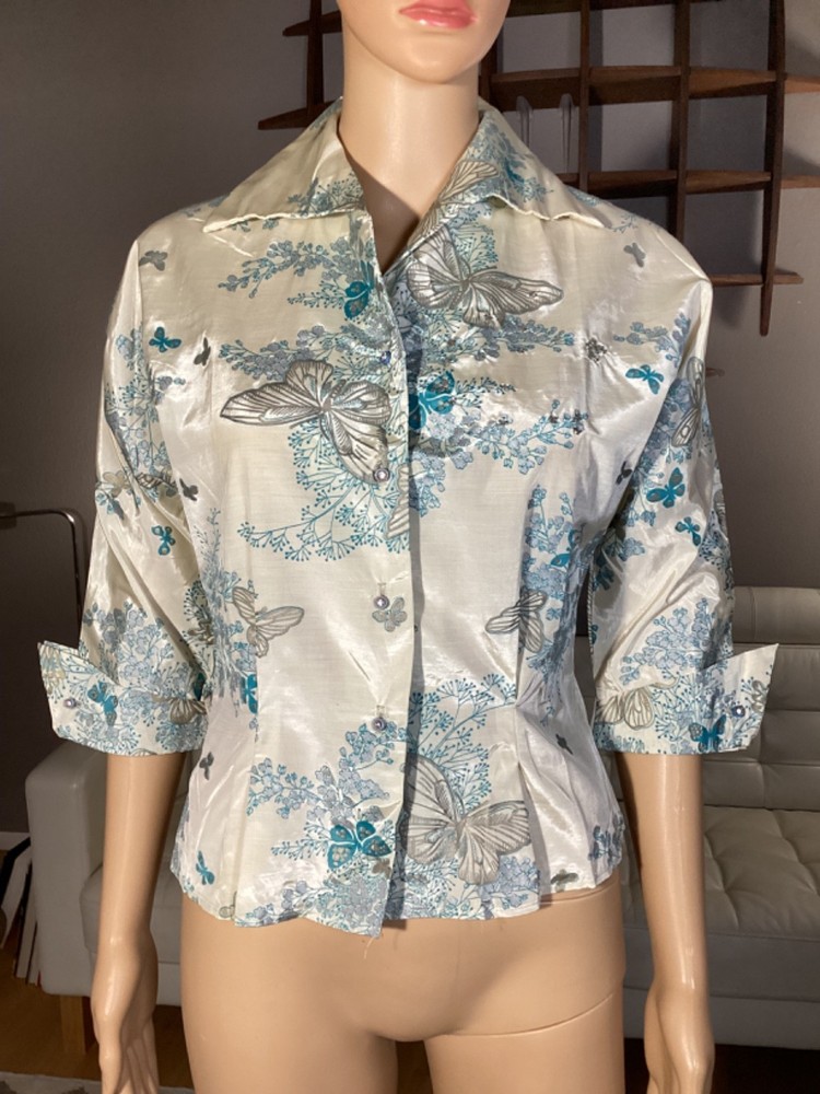 Vintage 50's Butterfly Print Rhinestone A Fanfare Blouse MCM Rockabilly Pin Up
