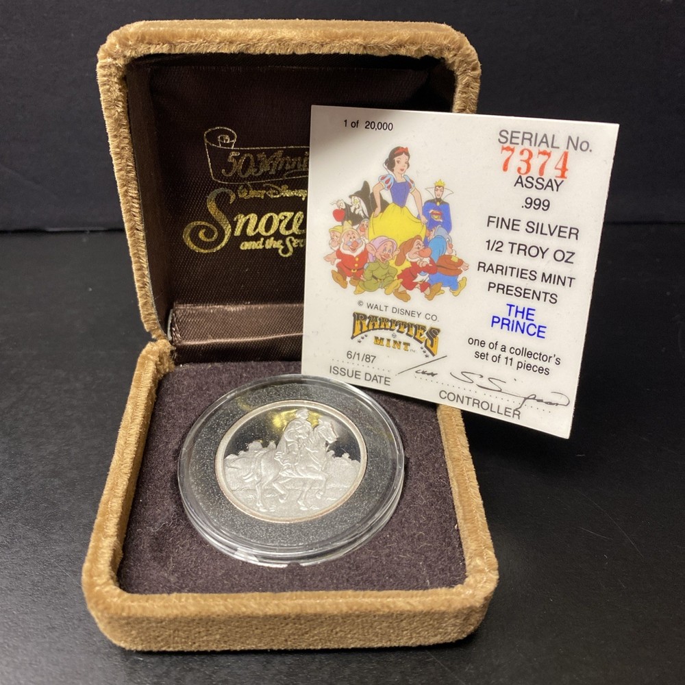 1987 Rarities Mint 1/2 oz Silver Disney Snow White The Prince w/ Box & COA #7374