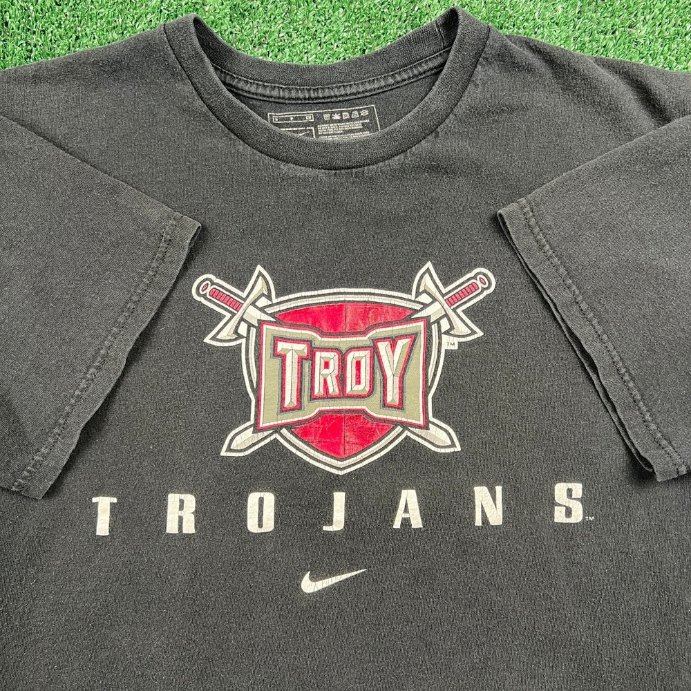 VTG Nike Troy Trojans University Center Swoosh T-Shirt Men Small Faded Black Y2K