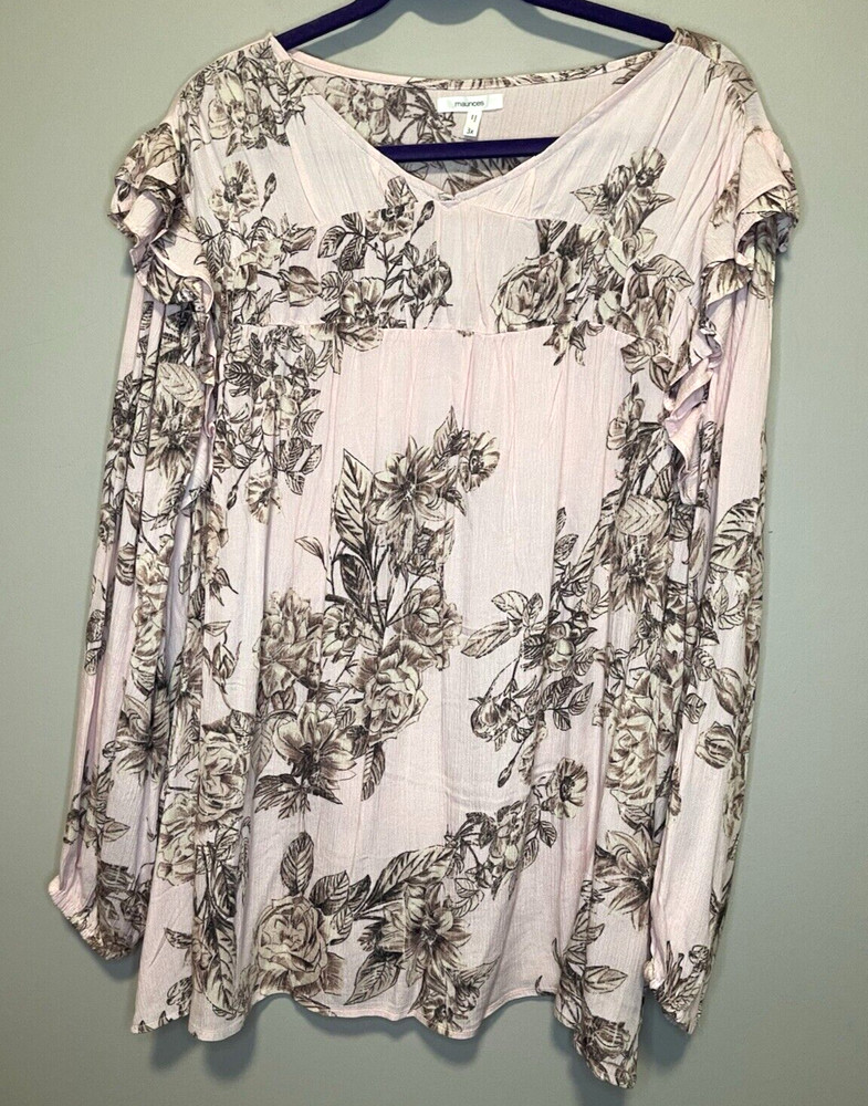 NWT Maurices V-Neck Long Puff Sleeve Ruffle Shoulder Pink/Multi Floral Top Sz 3X