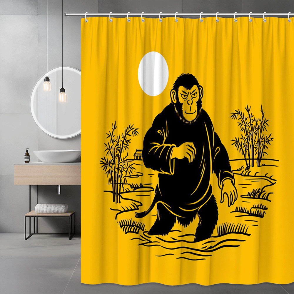 Monkey Graphic Shower Curtain Yellow Black Asian Scene