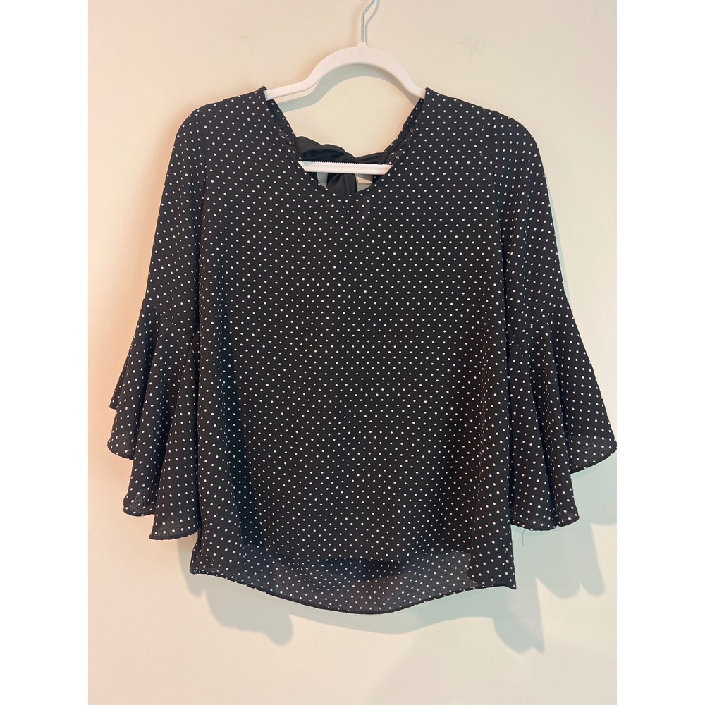 GREEN ENVELOPE Polka Dot Bell Sleeve Tie Back Blouse Women's Medium Black White