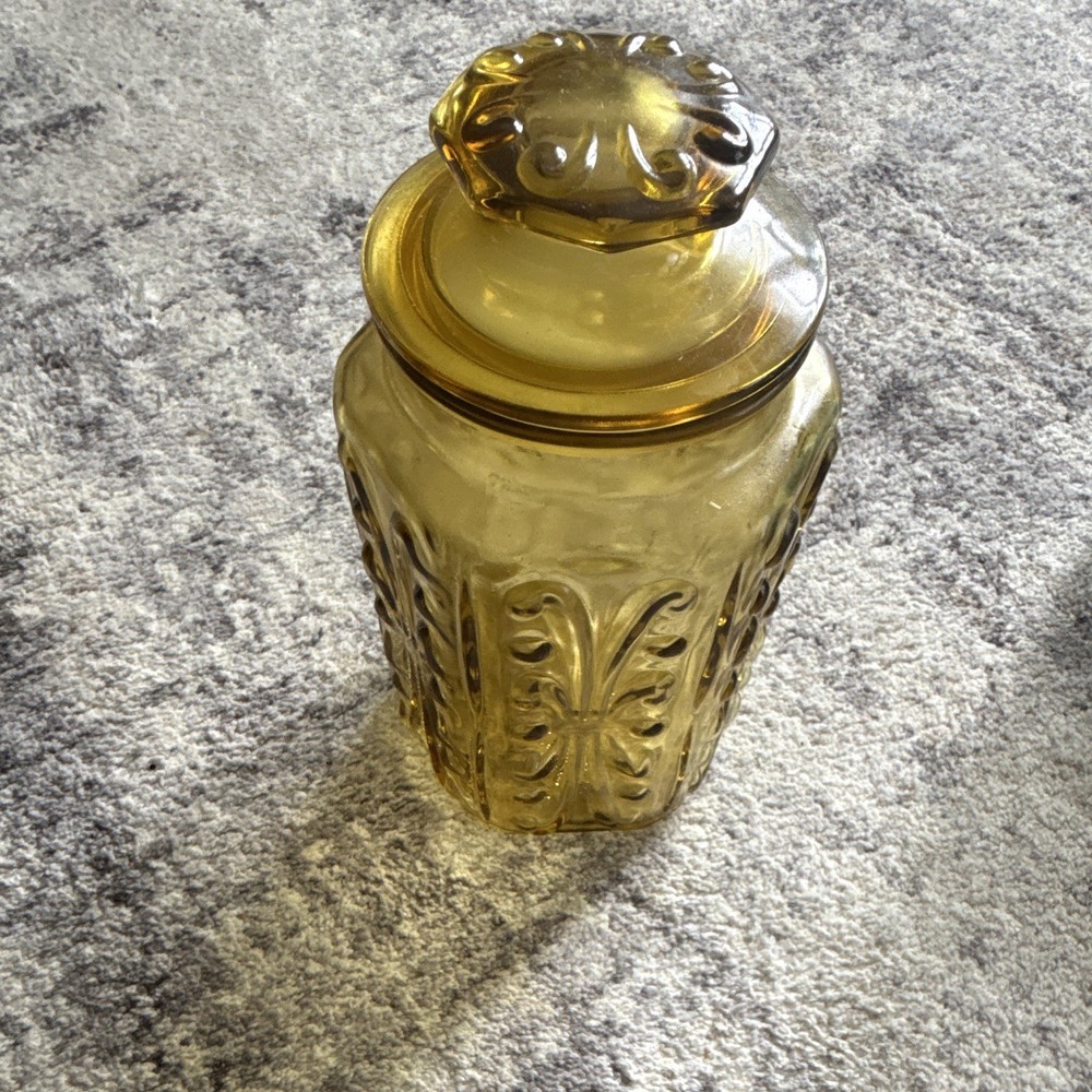 Amber Pressed Glass Large Round Jar With Lid Glossy Finish 9x6x6 in