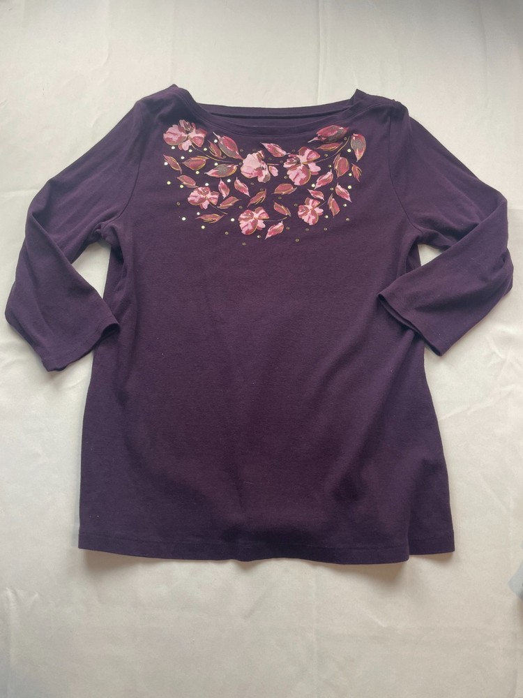 Croft & Barrow Top Womens Medium Purple Knit Floral Boat Neck 3/4 Sleeve