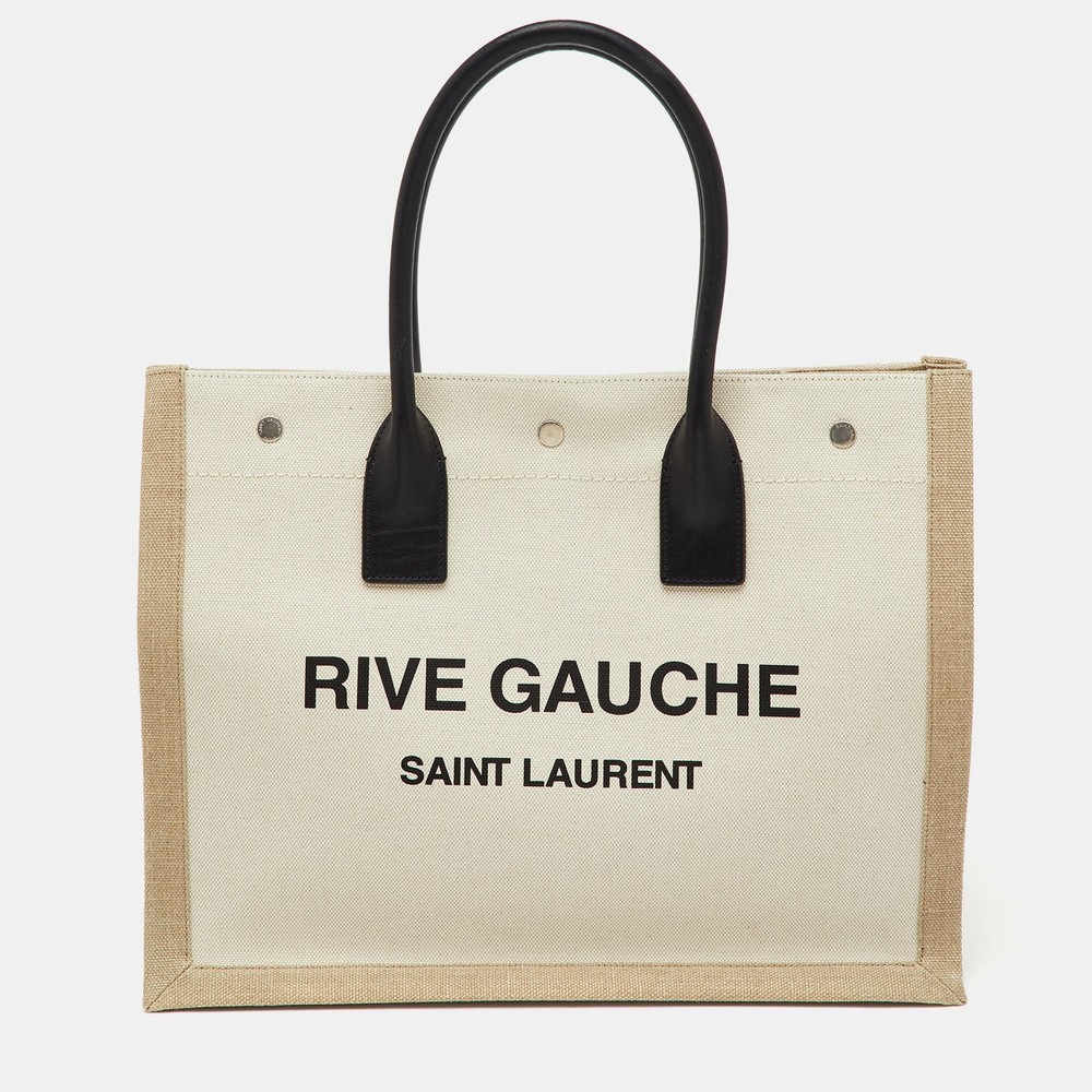 Saint Laurent Small Rive Gauche Tote in Beige Black Canvas Leather