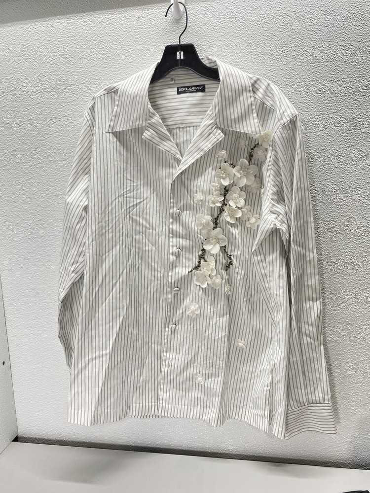 Dolce & Gabbana Mens 3D Embroidered Stripe Poplin Pant Shirt Size 15.5/39 White