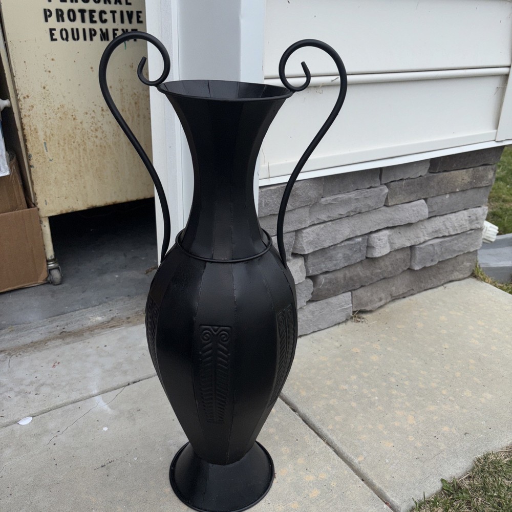 Tall Bk Metal Urn/Vase Double Handles Etched Design  Vintage Preowned #1