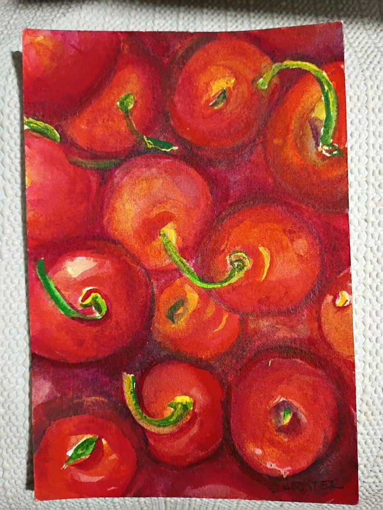 Original Cherries Watercolor Painting 4x6,  Fruit Kitchen Art, Red Cherry Wall