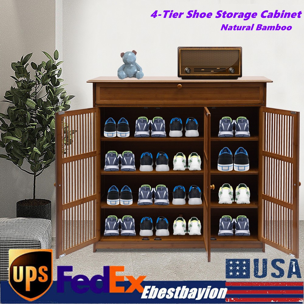 Bamboo Sideboard Buffet Storage Cabinet w/ 3 Doors Entryway Cabinet Shoe Rack