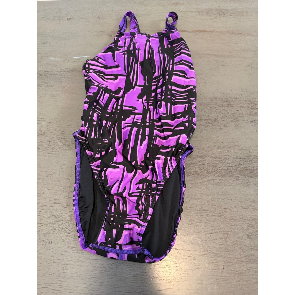 Speedo PowerFLEX Eco Swimsuit Purple Black Abstract Graphic One Piece Size 12/38-image