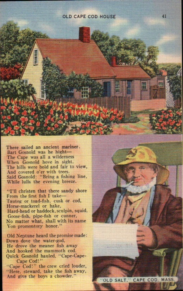 Old Cape Cod House Massachusetts Poem MA --- Old Vintage Standard Linen Postcard