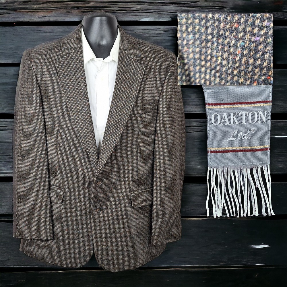 Oakton Jacket Blazer Mens 44R Brown Check Tweed Wool