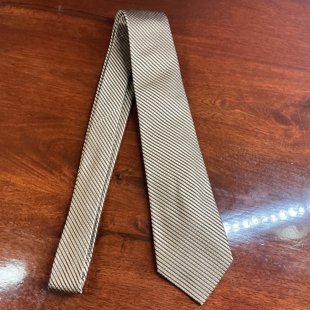 Vintage Gold lion 100% Silk Striped Mens Necktie Tie Gold Brown Classic 80s 90s