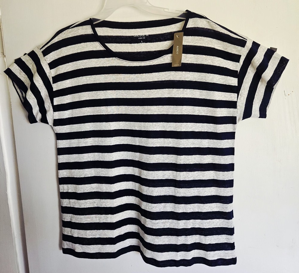 NWT!! J. CREW New Relaxed Linen T-Shirt Navy Stripes Short Sleeve Preppy Large