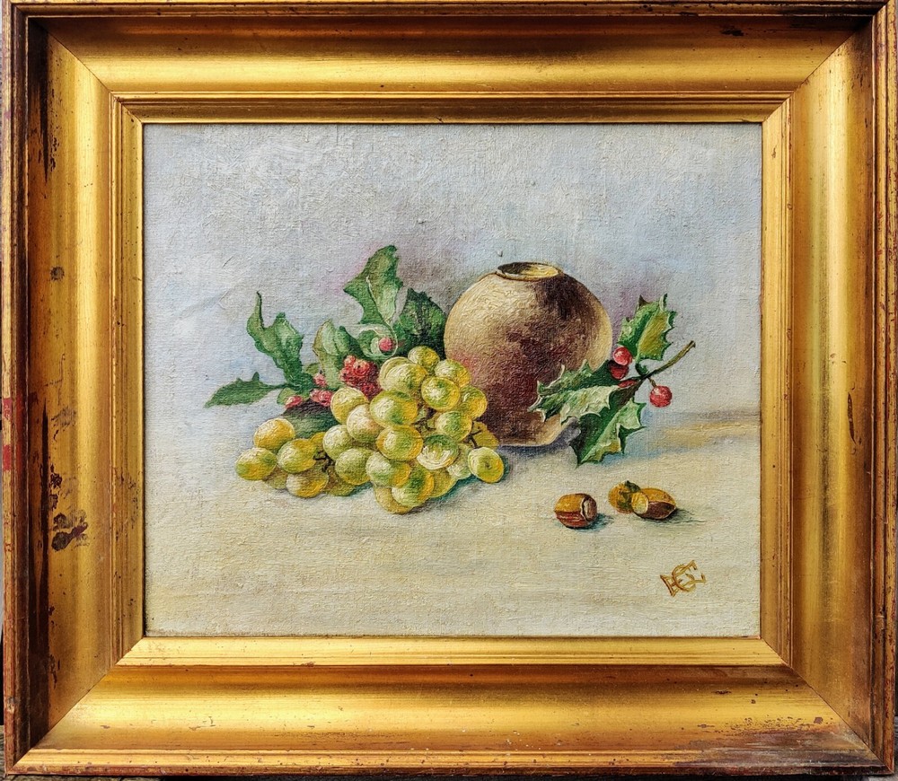 STILL LIFE WITH GRAPES, HAZEL NUTS AND JAR, vintage oil painting