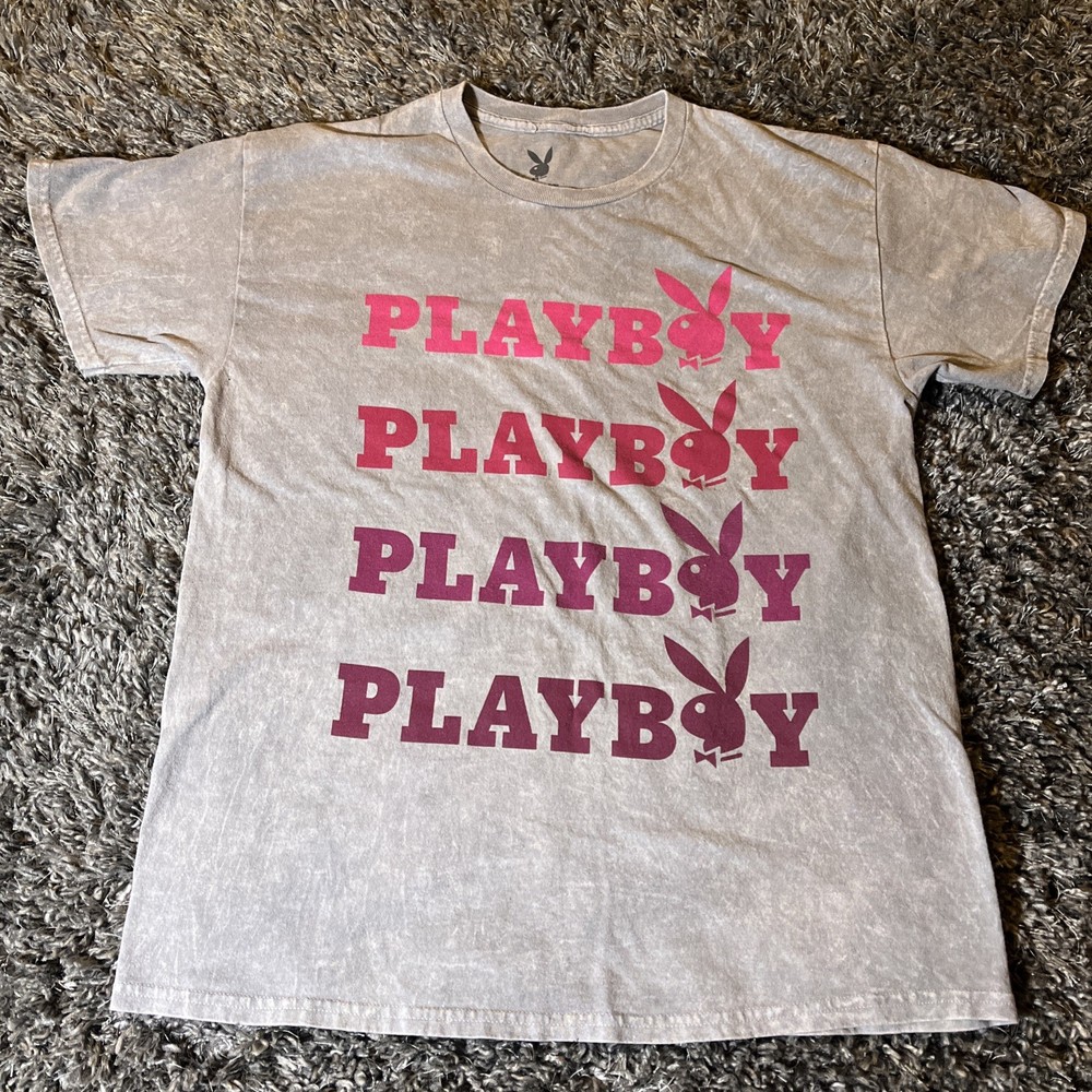 Playboy Spellout & Bunny X 4 Distressed T-Shirt Men’s Large Grey***