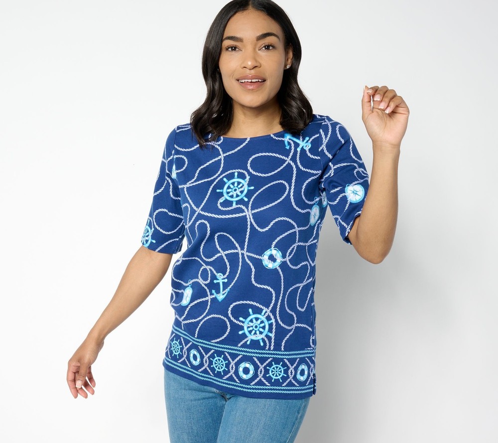 Quacker Factory Women's Top Sz M Ship Shape Bateau Neckline Elbow Blue A647651