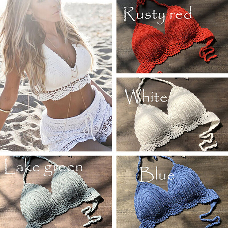 Women Bikini Crop Top Crochet Boho Bralette Halter Cami Knitted Bra Tank To Nh^a