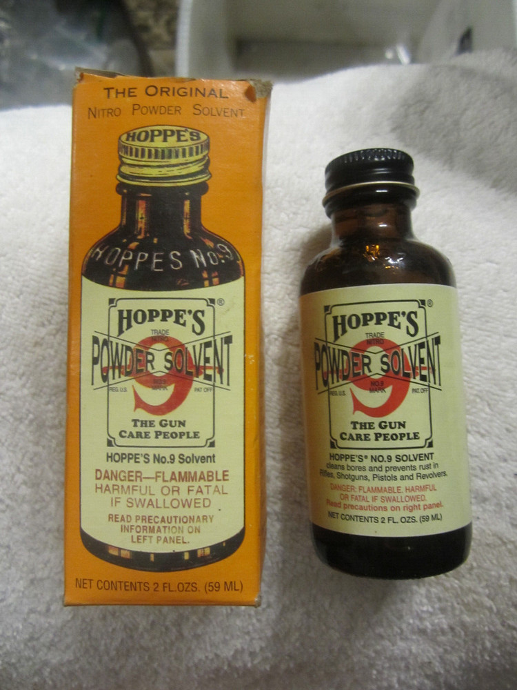 # 9 ad Hoppe's No. 9 Nitro Powder Solvent 2 oz Bottle W/ Box,90% full VTG